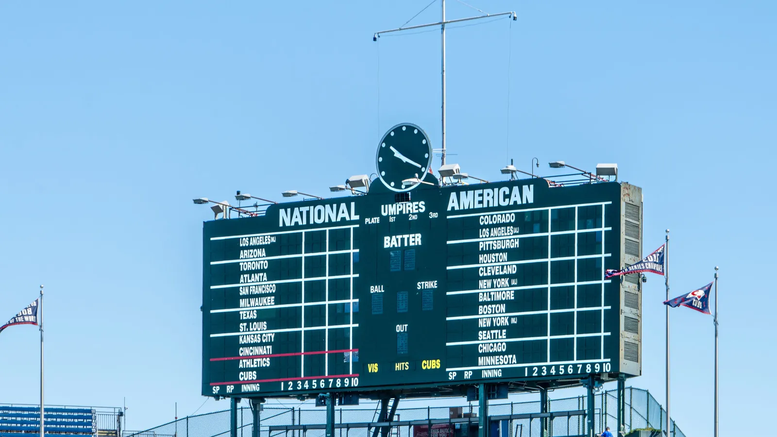 A stadium scoreboard listing team names down two ranked columns under a clear blue sky, standing in for the new public ranking that grades retailers on how ready they are for AI shopping agents.